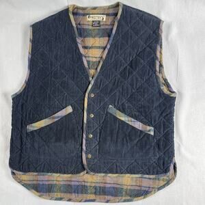 Protest Clothing Corduroy Quilted Vest Blue Plaid Flannel Lined 100% Cotton XL